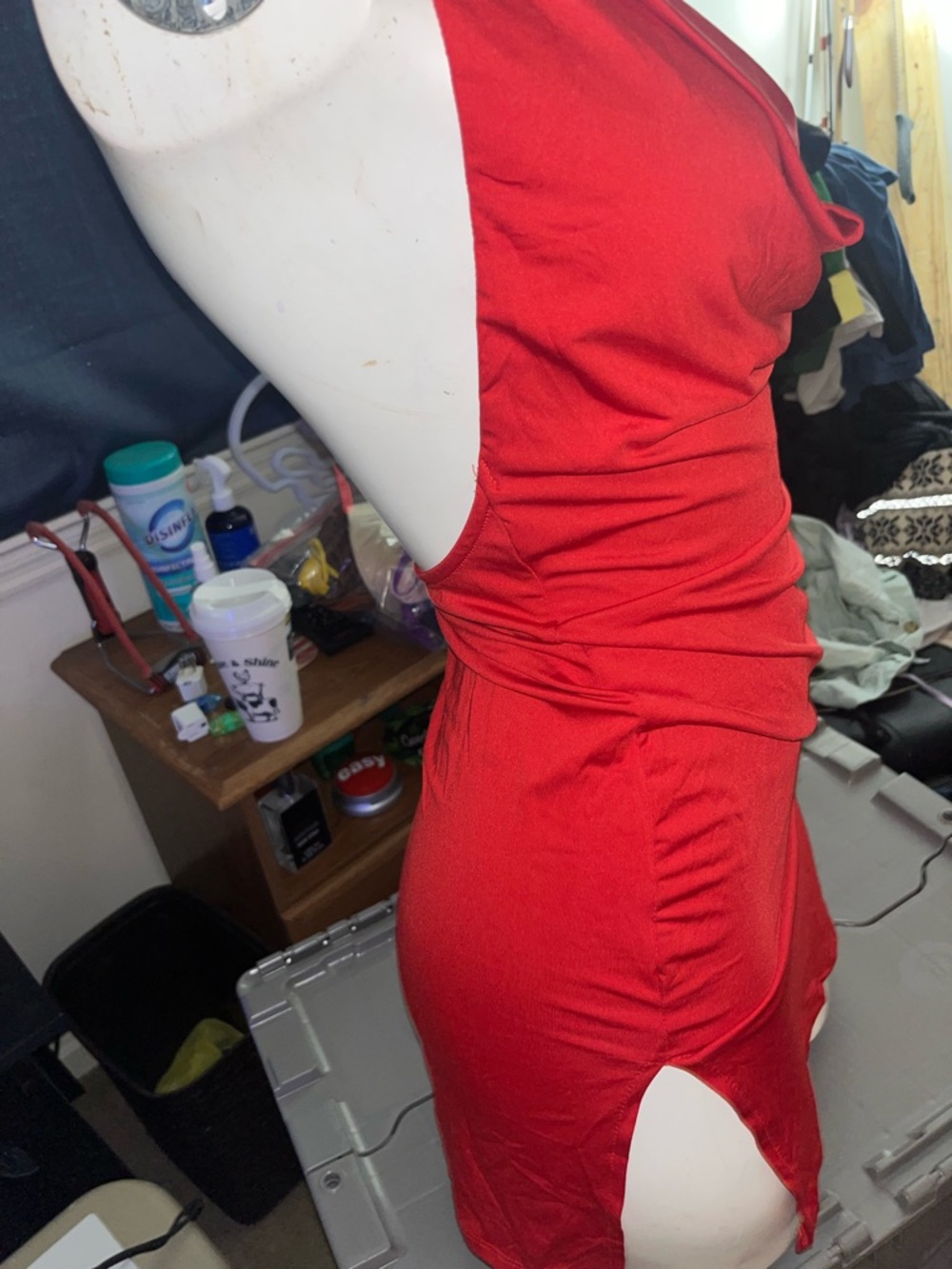 Red Ruched V-Neck Bodycon Mini Dress - Picture 2 of 3